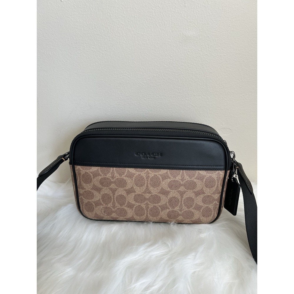 Coach Graham Tan Black Signature Canvas Leather Crossbody Bag Excellent